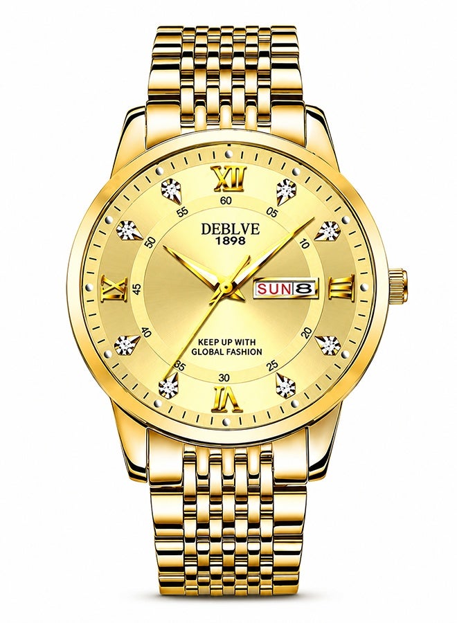 DEBLVE Gold Watch for Men, Stainless Steel Quartz Wrist Watch with Day Date Display, Luminous Hands, Business Casual Analog Watch for Men, Fashion Dress Watch, Gold - Image 1