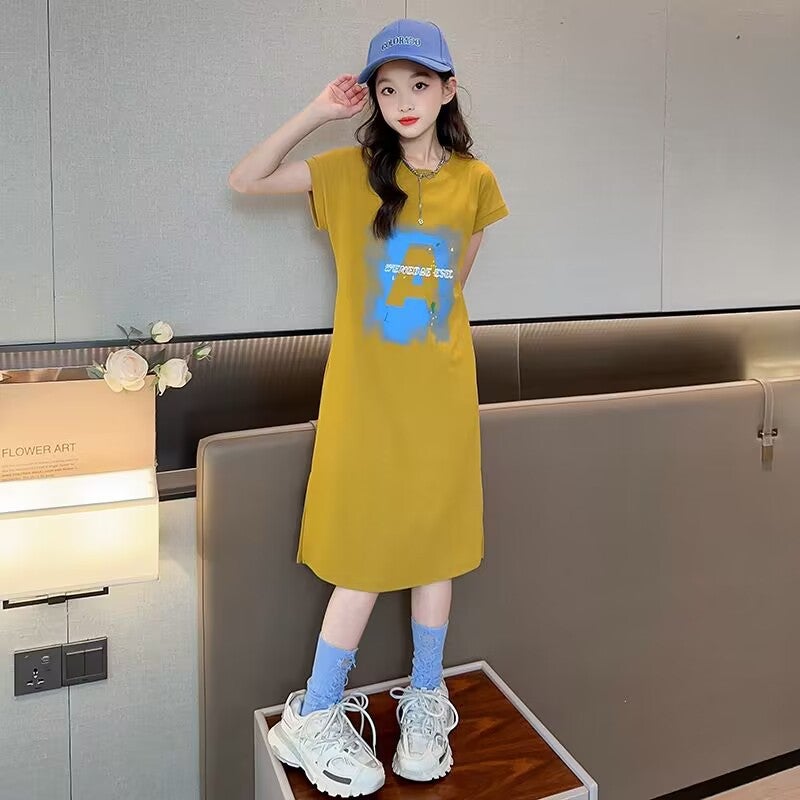 Girls Summer Dress New Style Summer Middle and Big Childrens Fashionable Korean T-Shirt Dress Long Large Childrens Vest Skirt Yellow 