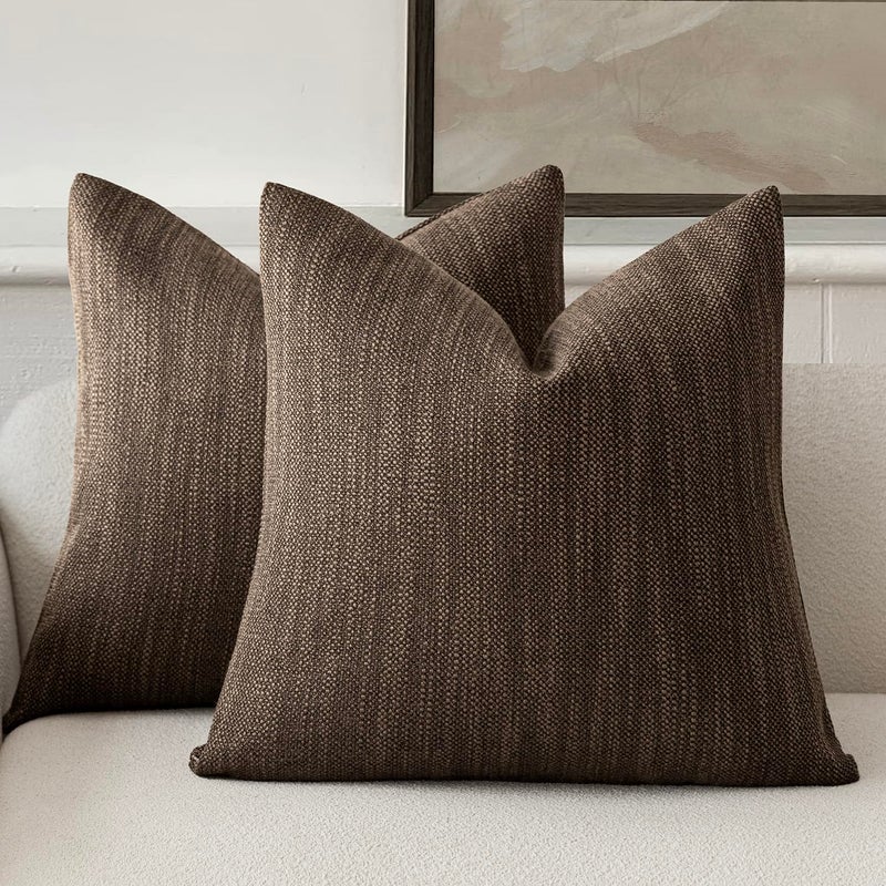 Foindtower Set of 2 Decorative Textured Burlap Linen Throw Pillow Covers Farmhouse Boho Cushion Cover Solid Accent Pillowcase for Couch Sofa Bed Living Room Home Decor,20Ã—20 Inch,Chocolate - Image 1