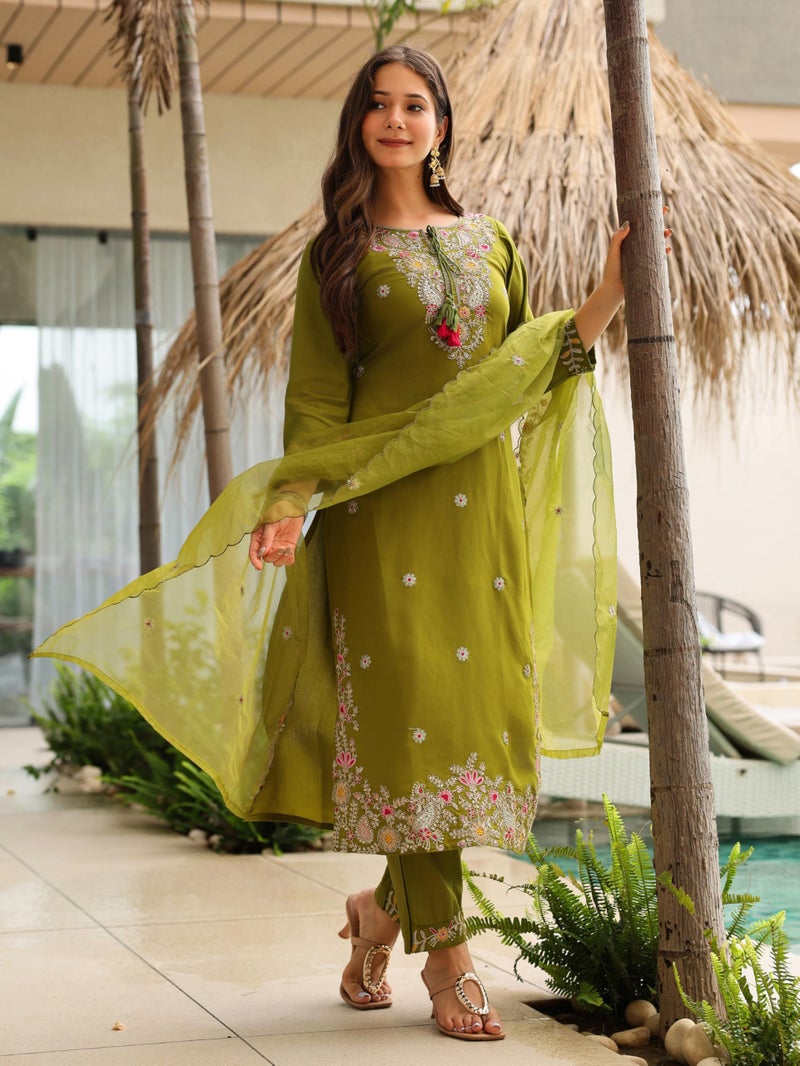Naixa Women's Rayon Embroidered Straight Kurta Pant Dupatta Set – Ethnic Wear, 3-Piece Set for Wedding and Festival (NX2-741-Mahendi-XL) - Image 3