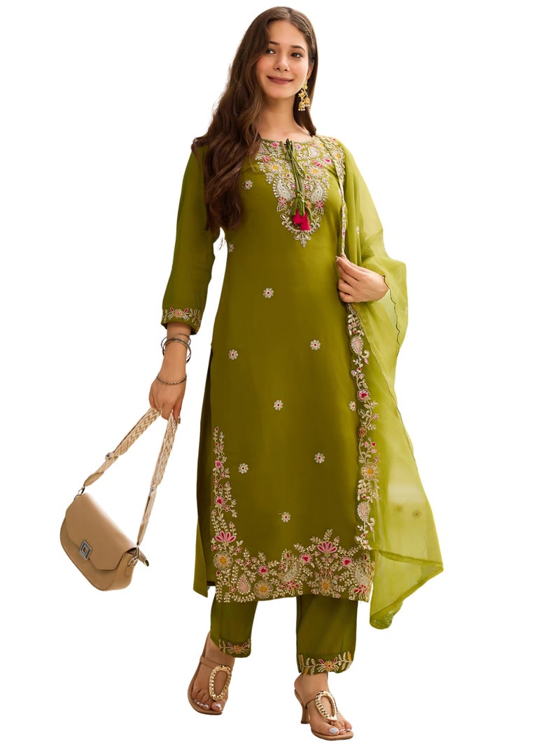 Naixa Women's Rayon Embroidered Straight Kurta Pant Dupatta Set – Ethnic Wear, 3-Piece Set for Wedding and Festival (NX2-741-Mahendi-XL) - Image 1