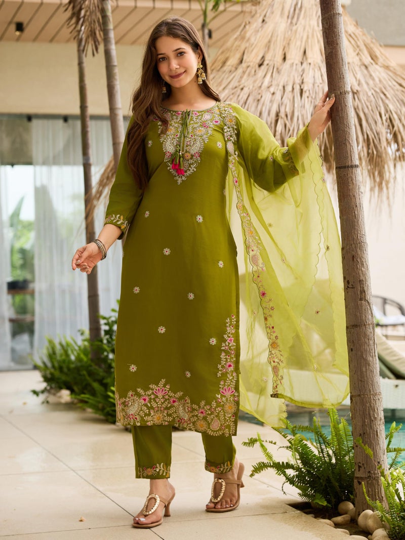 Naixa Women's Rayon Embroidered Straight Kurta Pant Dupatta Set – Ethnic Wear, 3-Piece Set for Wedding and Festival (NX2-741-Mahendi-XL) - Image 2