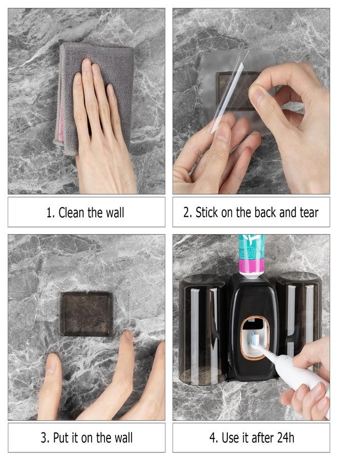 LUEXBOX 4 Slots Wall Mount Toothbrush Holder with Cover, Self Adhesive Toothbrush Storage Organizer for Shower, Toothbrush Hanger with 2 mouthwash Cups for Bathroom, Medicine Cabinet, Dorm (Black) - Image 3