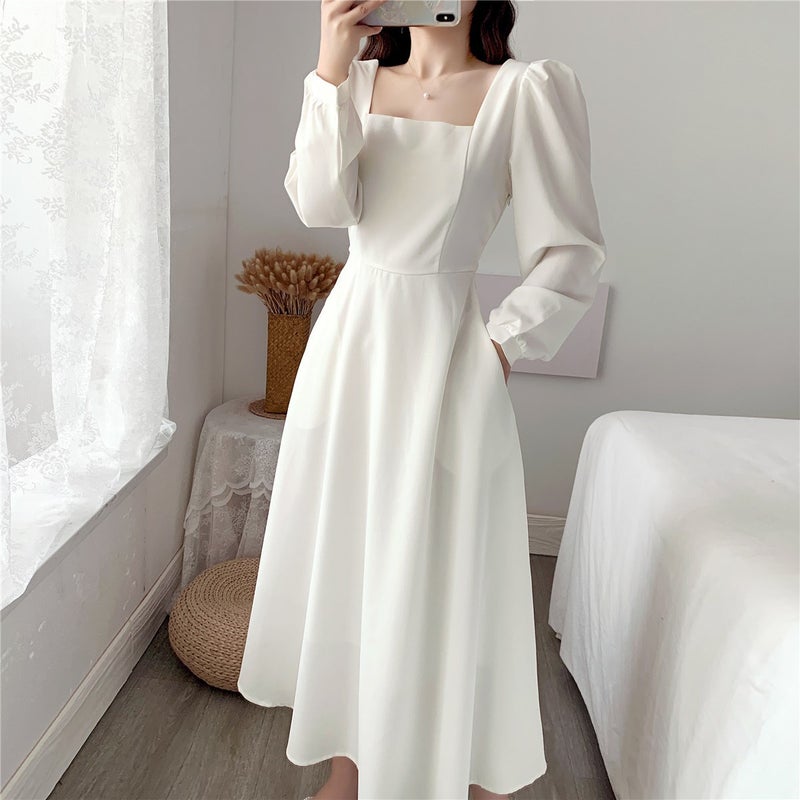 Elegant Long Sleeve Midi Black Dress White  - Image 2