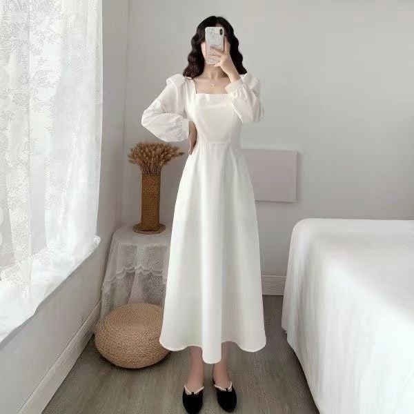 Elegant Long Sleeve Midi Black Dress White  - Image 1