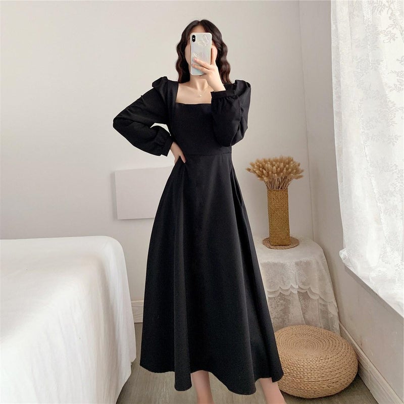 Elegant Long Sleeve Midi Black Dress White  - Image 3