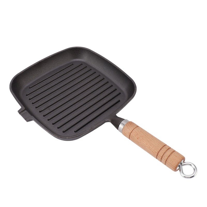 Cast Iron Skillet with Wooden Handle Square Uncoated Nonstick Cast Iron Grill Pan for Meats Steak Fish - Image 4