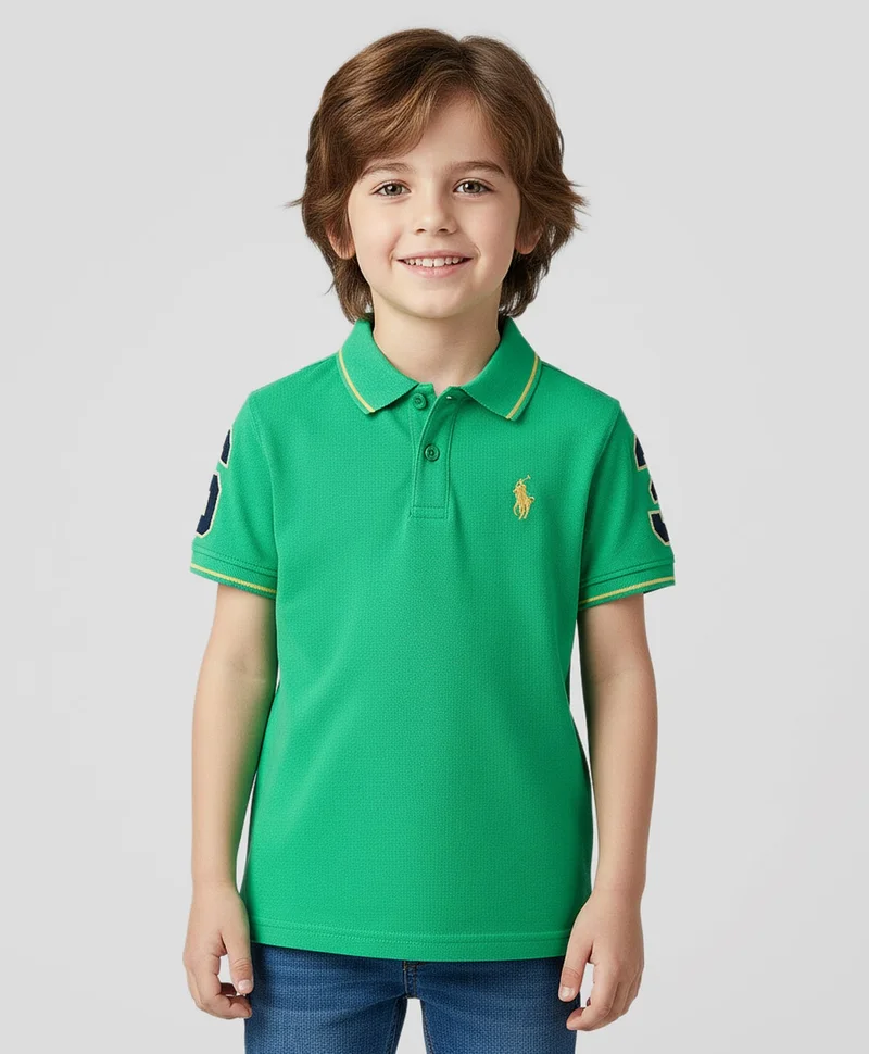 Pine Kids Pine Kids Cotton Knit Half Sleeves Polo T-Shirt & Text Embroidery - Light Green