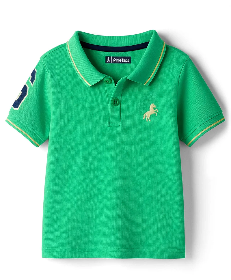 Pine Kids Pine Kids Cotton Knit Half Sleeves Polo T-Shirt & Text Embroidery - Light Green