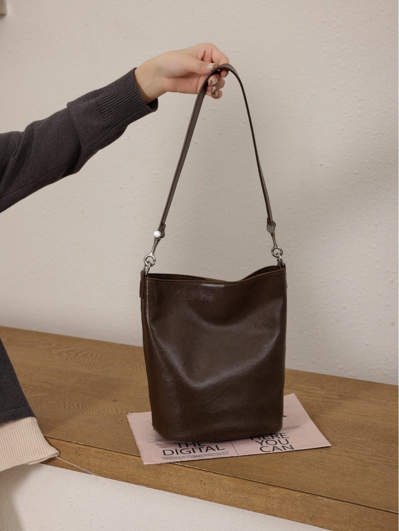 Top Layer Cowhide Genuine Leather Women'S Bag Crystal Vegetable Tanned Leather Simple All-Match Bucket Bag Shoulder Bag Underarm Bag Large-Capacity Bag - Image 4