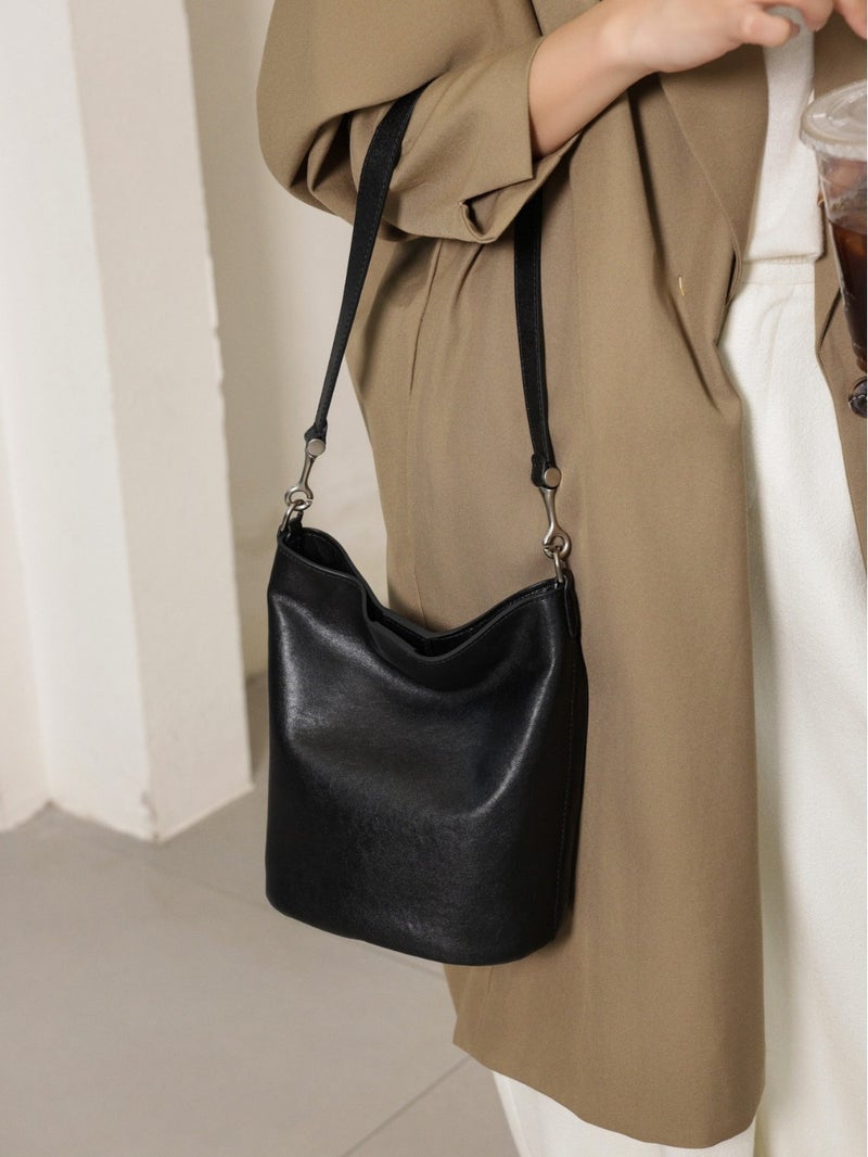 Top Layer Cowhide Genuine Leather Women'S Bag Crystal Vegetable Tanned Leather Simple All-Match Bucket Bag Shoulder Bag Underarm Bag Large-Capacity Bag - Image 3