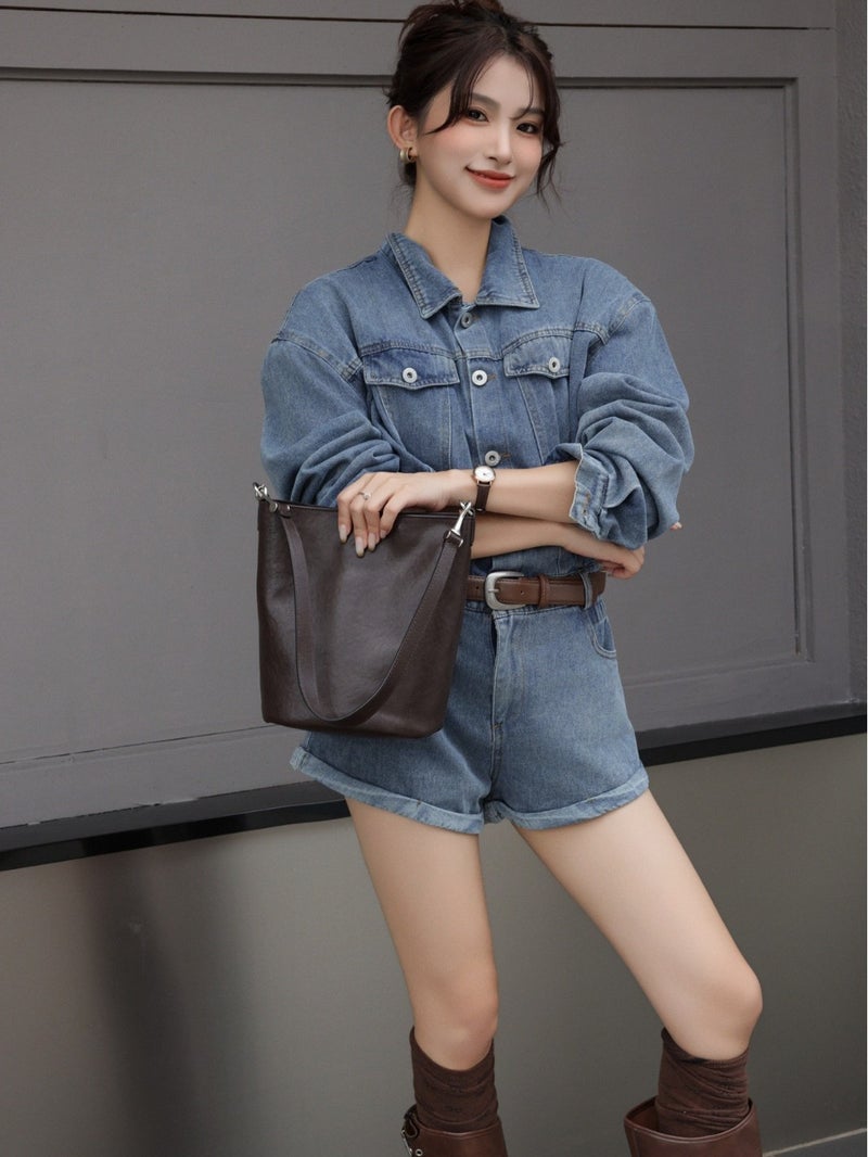 Top Layer Cowhide Genuine Leather Women'S Bag Crystal Vegetable Tanned Leather Simple All-Match Bucket Bag Shoulder Bag Underarm Bag Large-Capacity Bag - Image 5