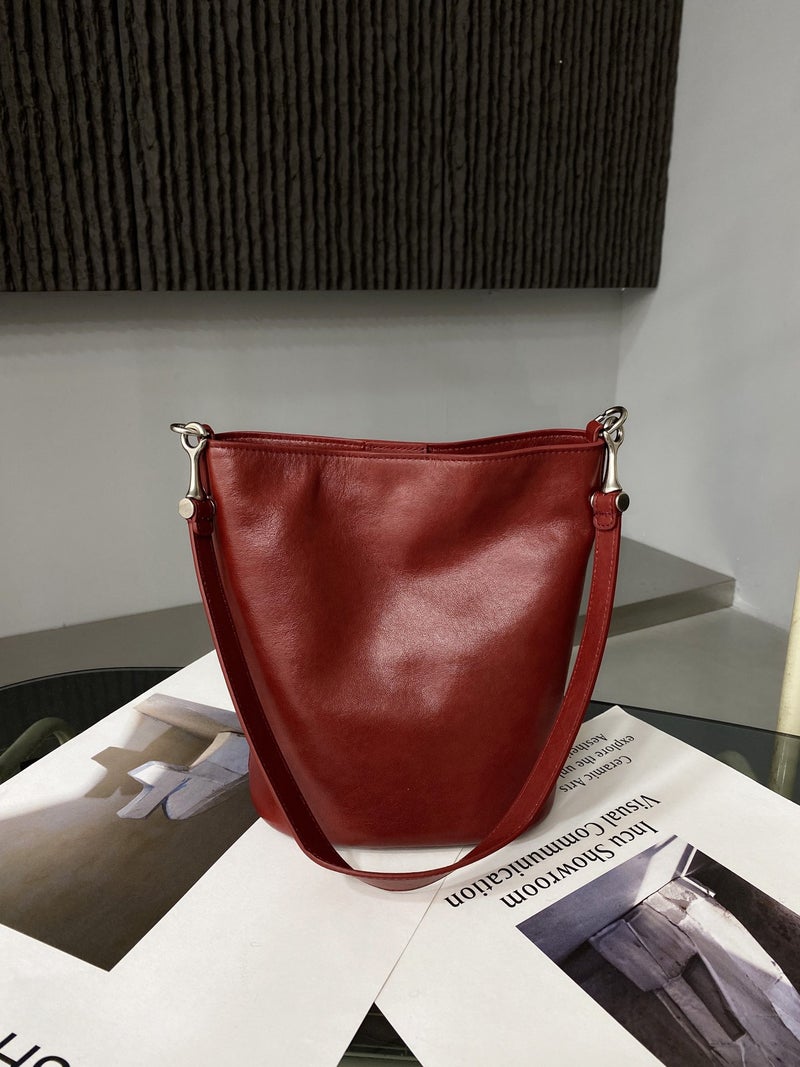 Top Layer Cowhide Genuine Leather Women'S Bag Crystal Vegetable Tanned Leather Simple All-Match Bucket Bag Shoulder Bag Underarm Bag Large-Capacity Bag - Image 1
