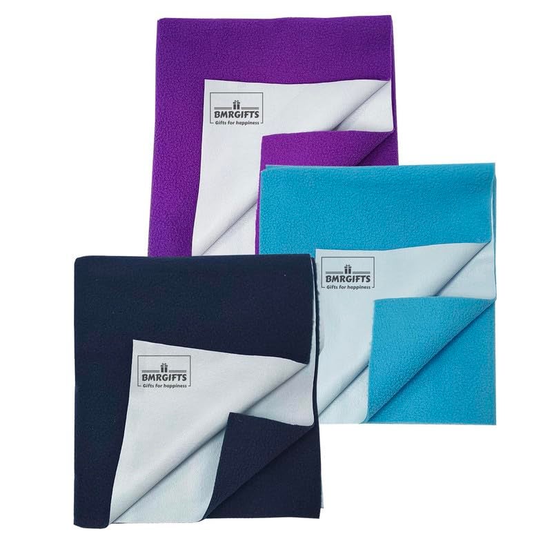 BMRGIFTS Cotton Extra Absorbent Waterproof Quick Dry Sheet for Baby Washable Bed & Mattress Protector Sheet for Toddler Children Pack of 3 Double Bed Size, 208x230 cm Violet, Sky Blue & Dark Blue - Image 1