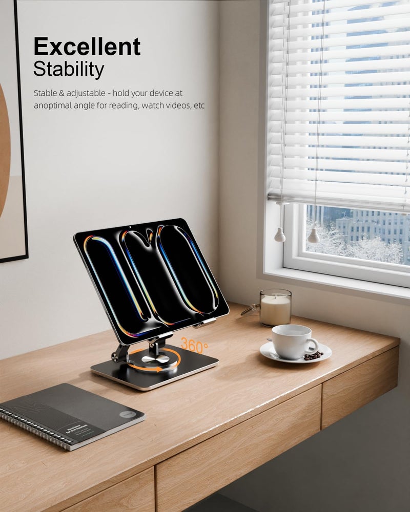 Orlian Tablet Stand Holder with Thickened 360Â°Rotating Base Dual Rod Adjustable Aluminum Stand for All 5.8-12.9â€ iPad Samsung Phone Tablet Kindle E-Reader and More, Black - Image 2
