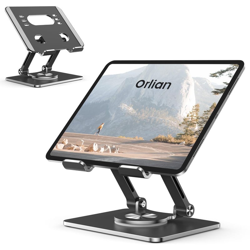 Orlian Tablet Stand Holder with Thickened 360Â°Rotating Base Dual Rod Adjustable Aluminum Stand for All 5.8-12.9â€ iPad Samsung Phone Tablet Kindle E-Reader and More, Black - Image 1