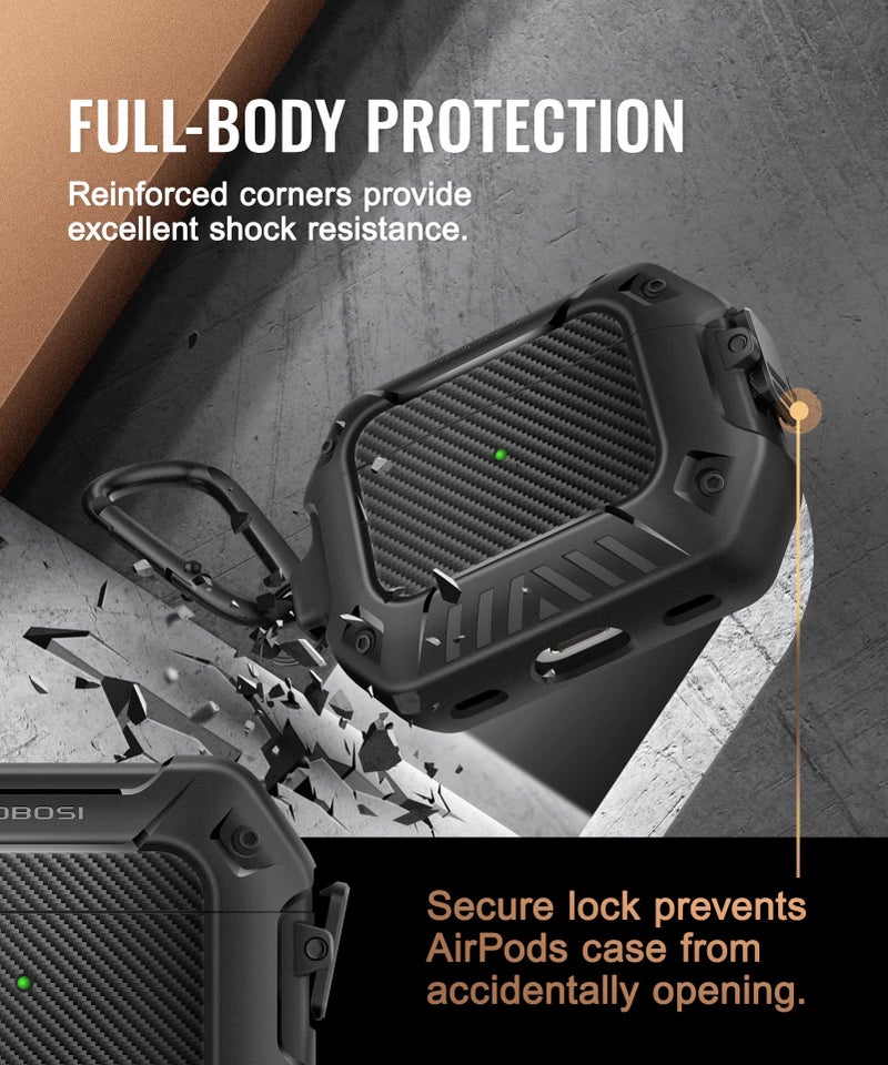 MOBOSI for AirPods Pro 2nd/1st Generation Case, Secure Lock Clip Carbon Fiber Case Cover with Keychain, Full Body Shockproof Hard Shell Protective Cover for AirPods Pro Case (2023/2022/2019), Black - Image 3