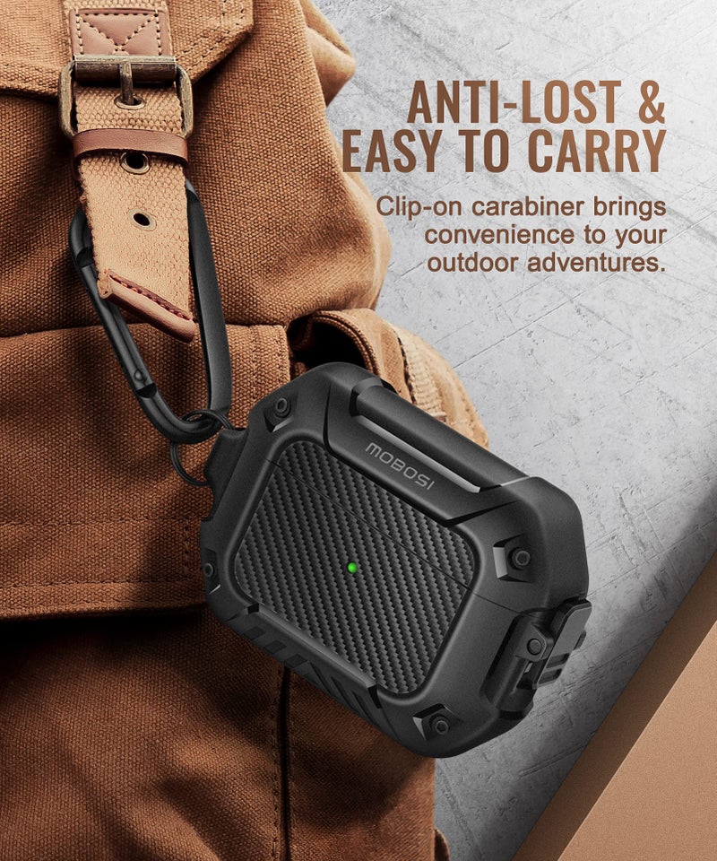 MOBOSI for AirPods Pro 2nd/1st Generation Case, Secure Lock Clip Carbon Fiber Case Cover with Keychain, Full Body Shockproof Hard Shell Protective Cover for AirPods Pro Case (2023/2022/2019), Black - Image 4
