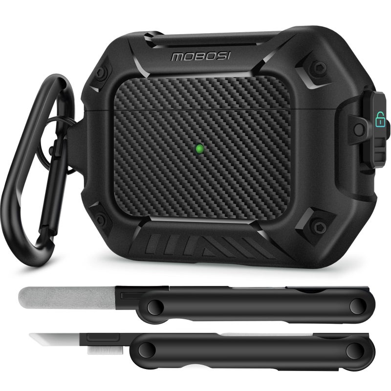 MOBOSI for AirPods Pro 2nd/1st Generation Case, Secure Lock Clip Carbon Fiber Case Cover with Keychain, Full Body Shockproof Hard Shell Protective Cover for AirPods Pro Case (2023/2022/2019), Black - Image 1