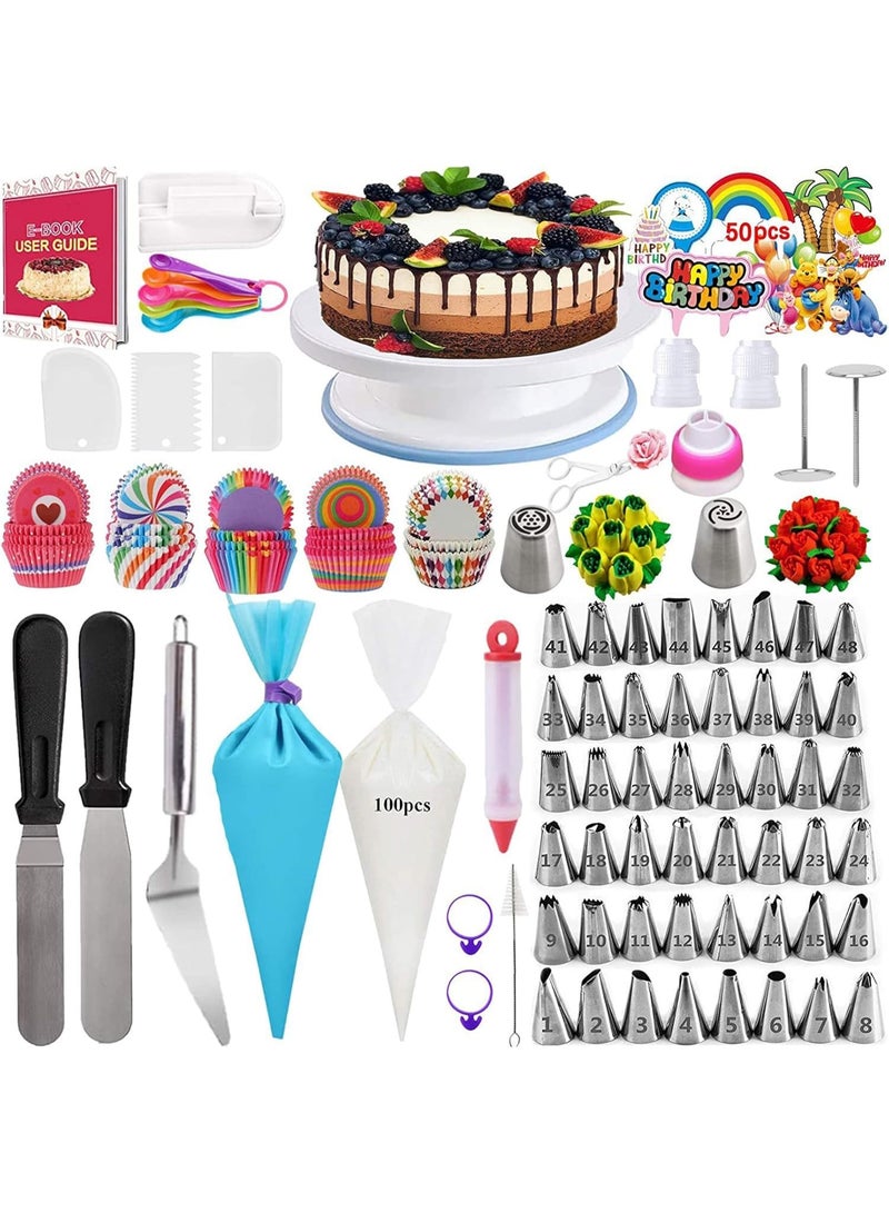 Bukela 322PCS Cake Decorating Kit with Cake Turntable, 48 Numbered Icing Piping Tips, 100 Pastry Piping Bag, 3 Spatulas, 3 Comb ScrapersPaper Cupcake Liners, Cake Baking Supplies - Image 1