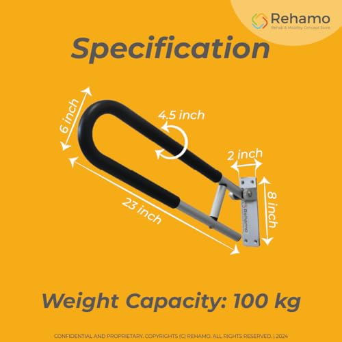 Rehamo Stainless Steel Flip-Up Grab Bar | 24.5 Inch Bathroom Handle for Seniors with Anti-Slip Nylon Grip | Space-Saving Safety Bar for Shower, Toilet & Bedside | 1 Year Warranty - Image 5