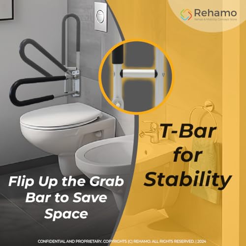 Rehamo Stainless Steel Flip-Up Grab Bar | 24.5 Inch Bathroom Handle for Seniors with Anti-Slip Nylon Grip | Space-Saving Safety Bar for Shower, Toilet & Bedside | 1 Year Warranty - Image 3