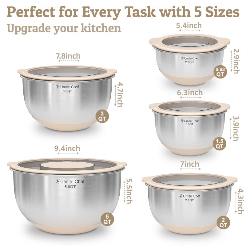 Umite Chef Mixing Bowles Set with Lids Set - Warp-Proof TPR-AS Lids, Stainless Steel Mixing Bowl with 3 Graters & Measuring Lines, Non-Slip Bowls for Baking, Prep, Airtight Food Storage (Khaki 5/3/2/1.5/0.63QT) - Image 5