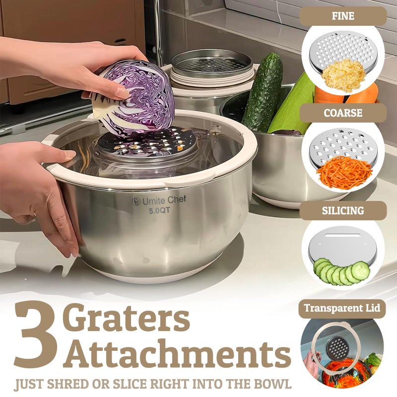 Umite Chef Mixing Bowles Set with Lids Set - Warp-Proof TPR-AS Lids, Stainless Steel Mixing Bowl with 3 Graters & Measuring Lines, Non-Slip Bowls for Baking, Prep, Airtight Food Storage (Khaki 5/3/2/1.5/0.63QT) - Image 2