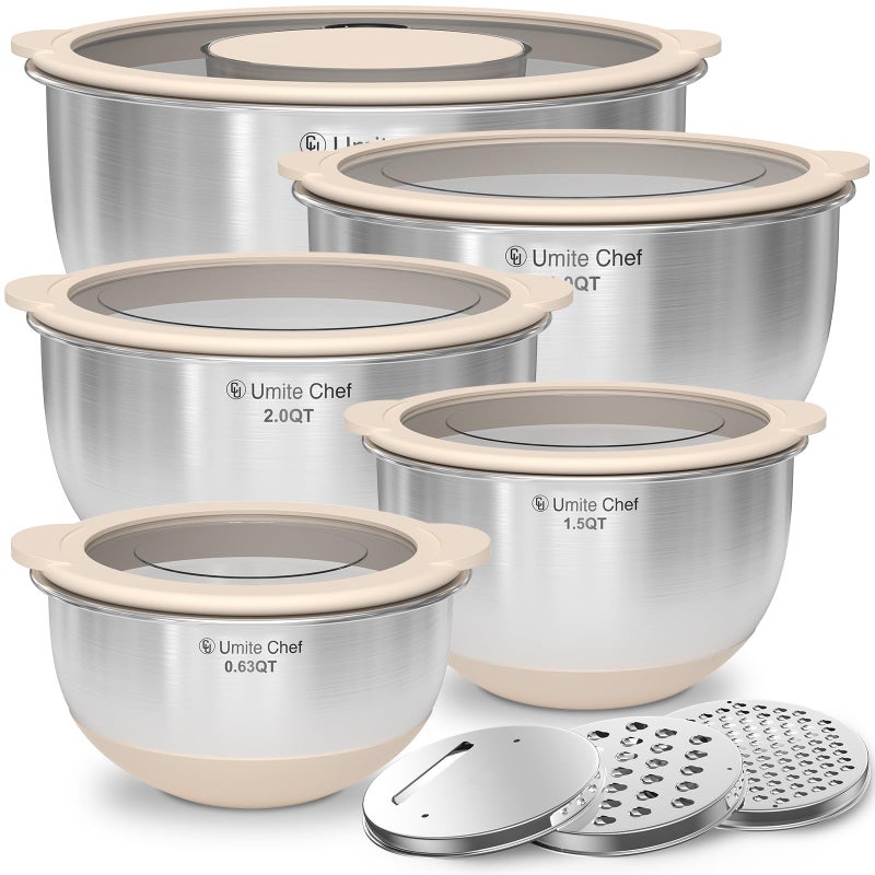 Umite Chef Mixing Bowles Set with Lids Set - Warp-Proof TPR-AS Lids, Stainless Steel Mixing Bowl with 3 Graters & Measuring Lines, Non-Slip Bowls for Baking, Prep, Airtight Food Storage (Khaki 5/3/2/1.5/0.63QT) - Image 1