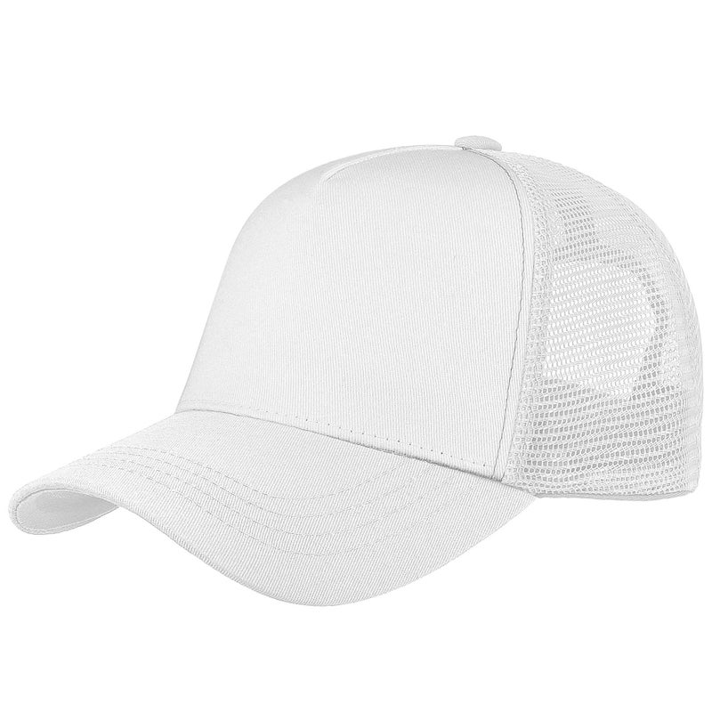 Falari 5-Panel Mesh Baseball Cap, Trucker Hat, Structured Plain Design, Cotton, Adjustable Size - White - Image 1