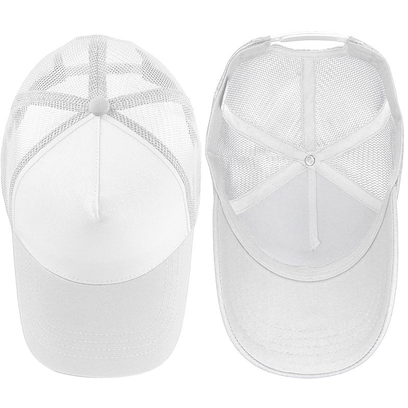 Falari 5-Panel Mesh Baseball Cap, Trucker Hat, Structured Plain Design, Cotton, Adjustable Size - White - Image 4