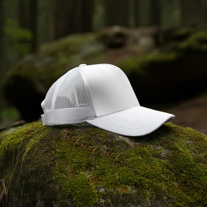 Falari 5-Panel Mesh Baseball Cap, Trucker Hat, Structured Plain Design, Cotton, Adjustable Size - White - Image 3