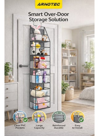 6-Shelf Over Door Hanging Storage Organizer with Clear PVC Pockets, Heavy-Duty Pantry & Closet Organizer for Bedroom, Bathroom & Kitchen, Space-Saving Design (Grey)