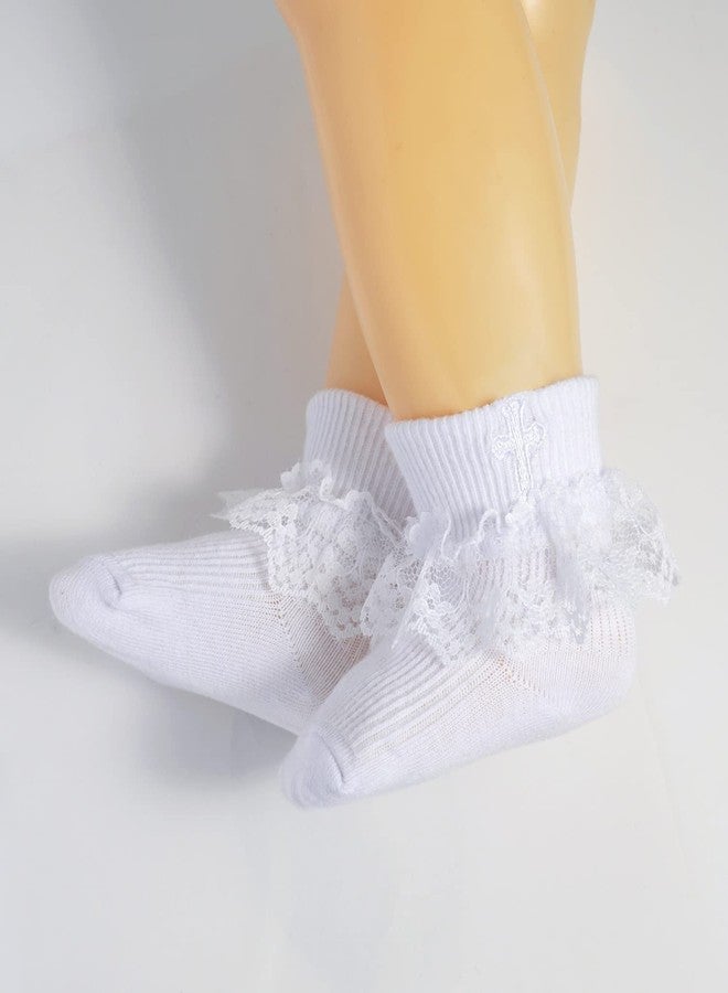 EPEIUS Baby Christening Socks Toddler Baby Girls Turn cuff Baptism Socks with Cross Embroidery 12-24 Months Lace Trim,1T 2T (Lace,Size M) - Image 2