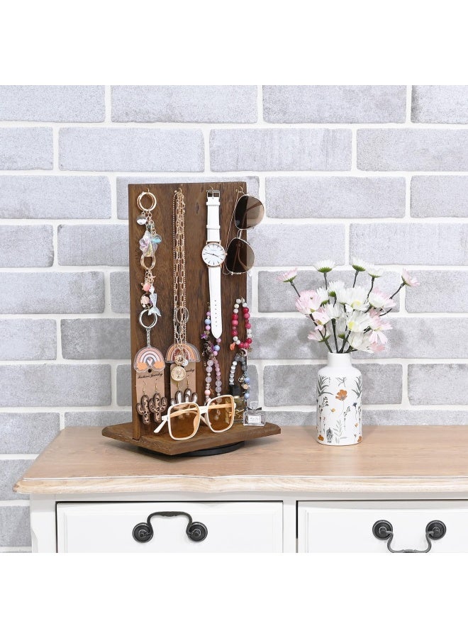 Ikee Design Wooden Rotating Two-Sided Jewelry Display Stand Rotating Organizer With 32 Hooks For Store Earring Display With Hooks Keychain Display Brown Color 9 W X 7.5 D X 16.5 H  - Image 5