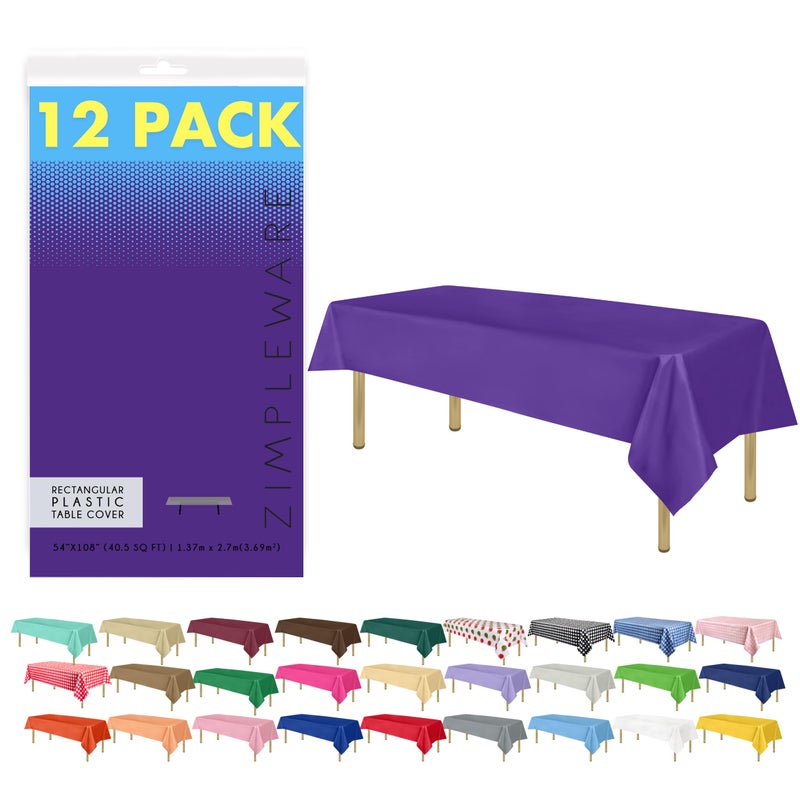 ZIMPLEWARE Premium Purple Plastic Table Cloth Disposable 12 Pk Plastic Tablecloths for Rectangle Tables 54in x 108in Party Table Cloths Disposable for 6ft to 8ft Rectangle Tables