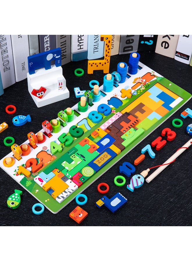 Wooden Animal Russian Puzzle Magnetic Fishing Logarithmic Board Children's Puzzle Digital Cognitive Matching Toy-Color:Animal Russian Puzzle Logarithmic Board - Image 1