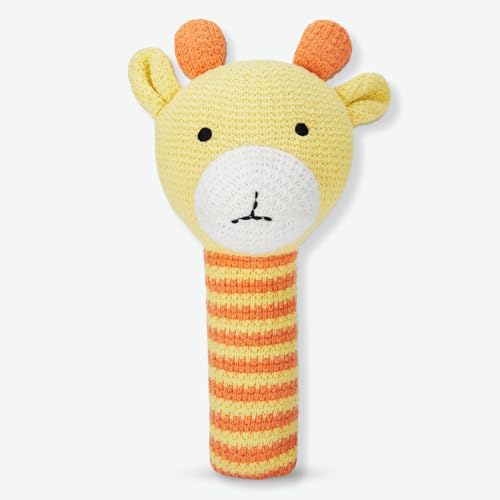 Haus & Kinder Baby Rattle Toy – Pack of 1 | Giraffe-Shaped Knitted Rattle for Newborns | Yellow, Soft Cotton with Polyfibre Filling, Sensory Toy – 15 cm – 0-2 Years | Safe First Toy for Babies - Image 1