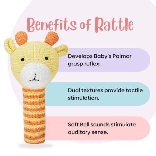 Haus & Kinder Baby Rattle Toy – Pack of 1 | Giraffe-Shaped Knitted Rattle for Newborns | Yellow, Soft Cotton with Polyfibre Filling, Sensory Toy – 15 cm – 0-2 Years | Safe First Toy for Babies - Image 5
