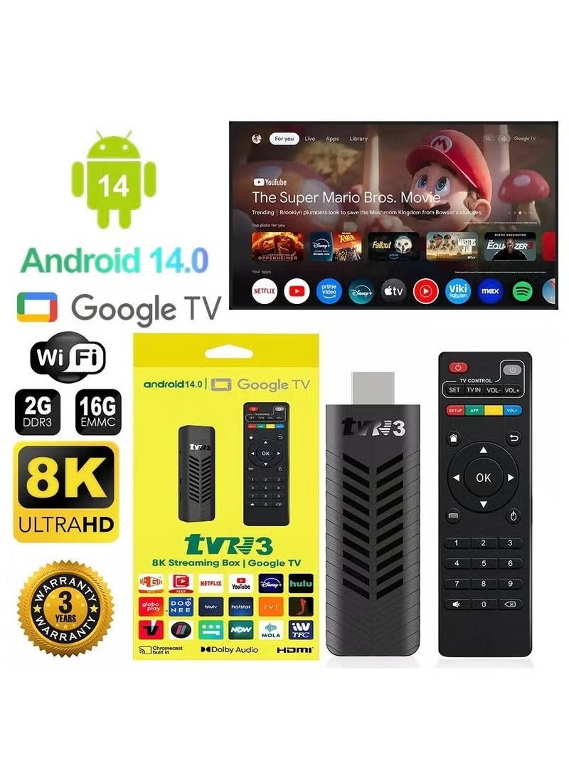TVN TVR3 8K Ultra HD Android 14 Streaming Media Player Box with Massive 8GB RAM + 128GB Storage – Smart Google TV Box with Built-In Chromecast, Dolby Audio, Voice Assistant Remote, and Seamless App Support (Netflix, YouTube, Disney+, More) – Ultimate Home Theater Solution for Gaming, Streaming, and Smart Control – HDMI, Bluetooth, and WiFi Enabled - Image 1