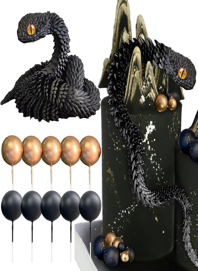Roaring Good Time 3D Printed Snake Fantasy Snake Cake Decoration Wizard Cake Topper Black Gold Balls Cake for Birthday Fantasy Fan Party Supplies - Image 1