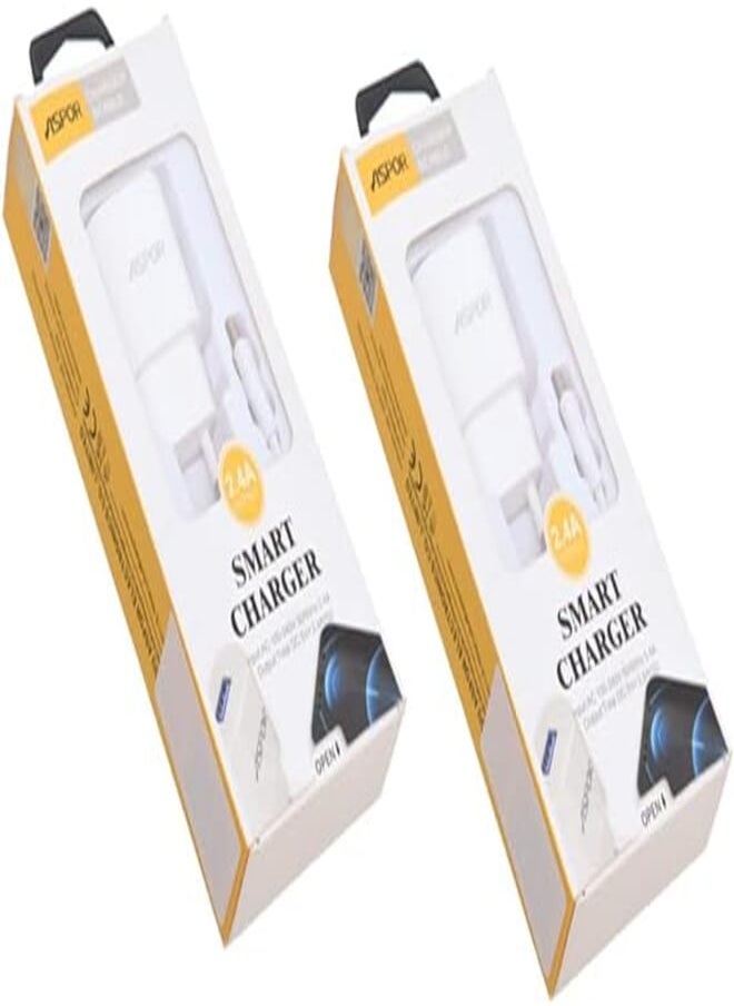 Aspor Aspor A818 Smart Charger With 2.4 A Output And 1 USB For 2 in 1 Type-C Cable Set of 2 Pieces - White 