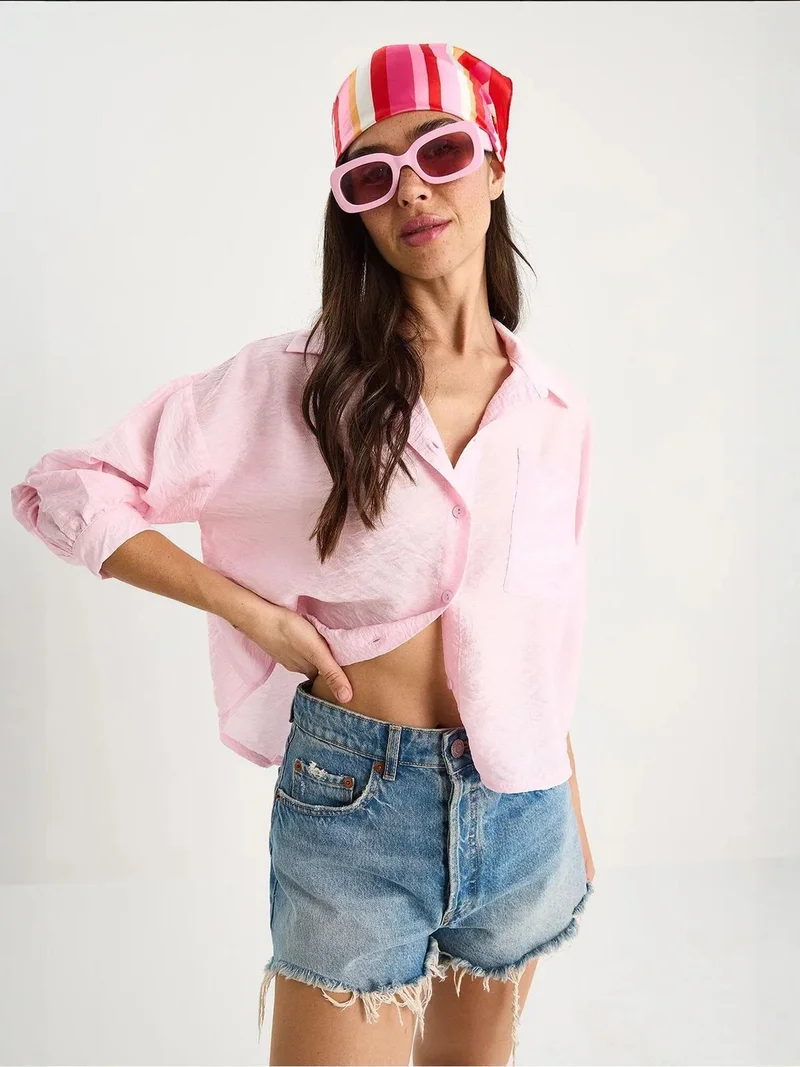 Bianco Lucci Bright Pink LUCCI Textured Crop Shirt with Button Closure and Pocket for Women | Best Price UAE