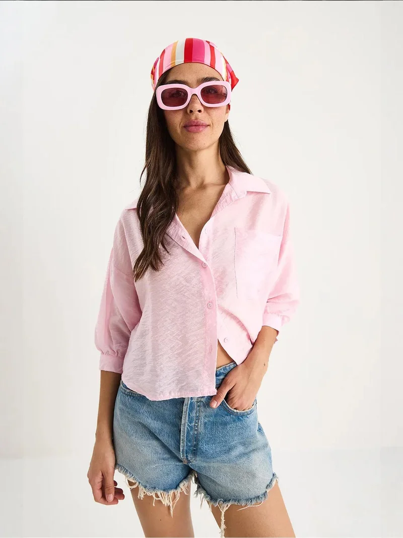 Bianco Lucci Bright Pink LUCCI Textured Crop Shirt with Button Closure and Pocket for Women | Best Price UAE