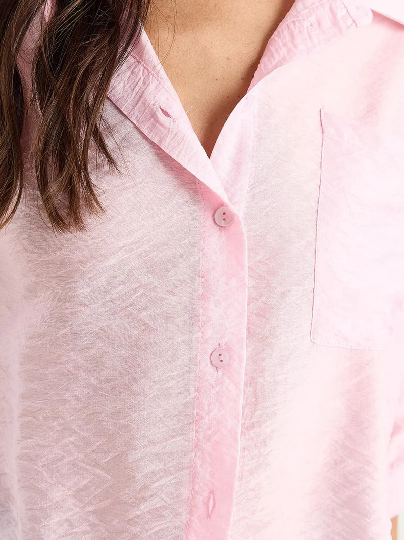 Bianco Lucci Bright Pink LUCCI Textured Crop Shirt with Button Closure and Pocket for Women | Best Price UAE
