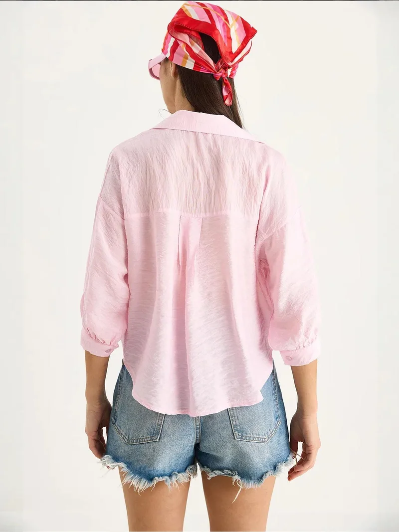 Bianco Lucci Bright Pink LUCCI Textured Crop Shirt with Button Closure and Pocket for Women | Best Price UAE