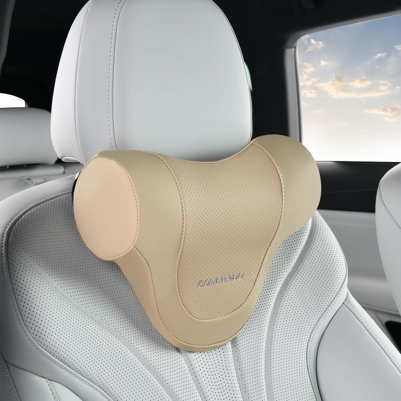 Coverado Car Headrest Pillow Ergonomic Memory Foam Car Neck Pillow for Driving Seat with Adjustable Strap Soft PU Leather Breathable Removable Cover Neck Support for Neck Pain Relief Beige