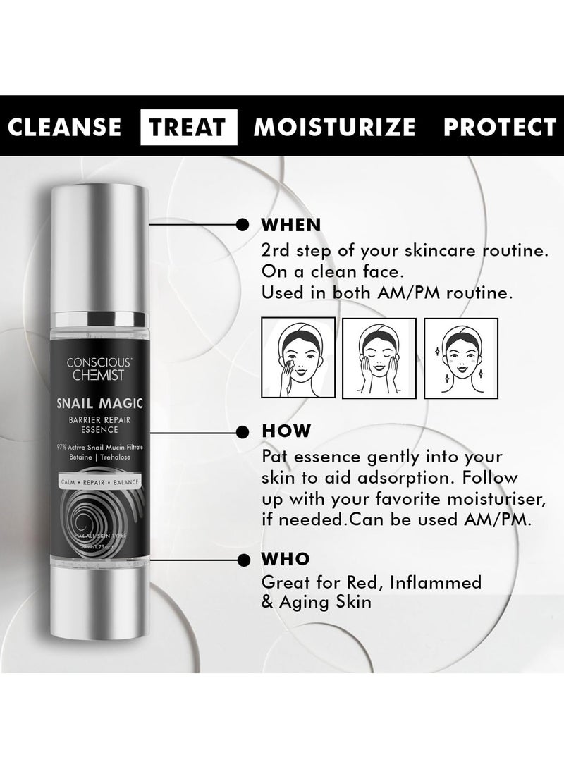 CONSCIOUS CHEMIST Snail Mucin Serum | 50ml | Barrier Repair Essence for Face, 97% Active Snail Mucin Filtrate, Betaine & Trehalose, For Dryness, Damaged Skin, Face Serum for Men & Women - Snail Magic  - Image 4