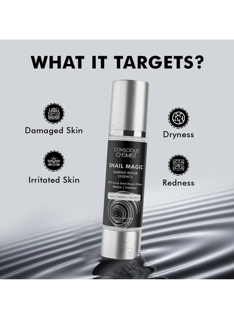 CONSCIOUS CHEMIST Snail Mucin Serum | 50ml | Barrier Repair Essence for Face, 97% Active Snail Mucin Filtrate, Betaine & Trehalose, For Dryness, Damaged Skin, Face Serum for Men & Women - Snail Magic  - Image 5