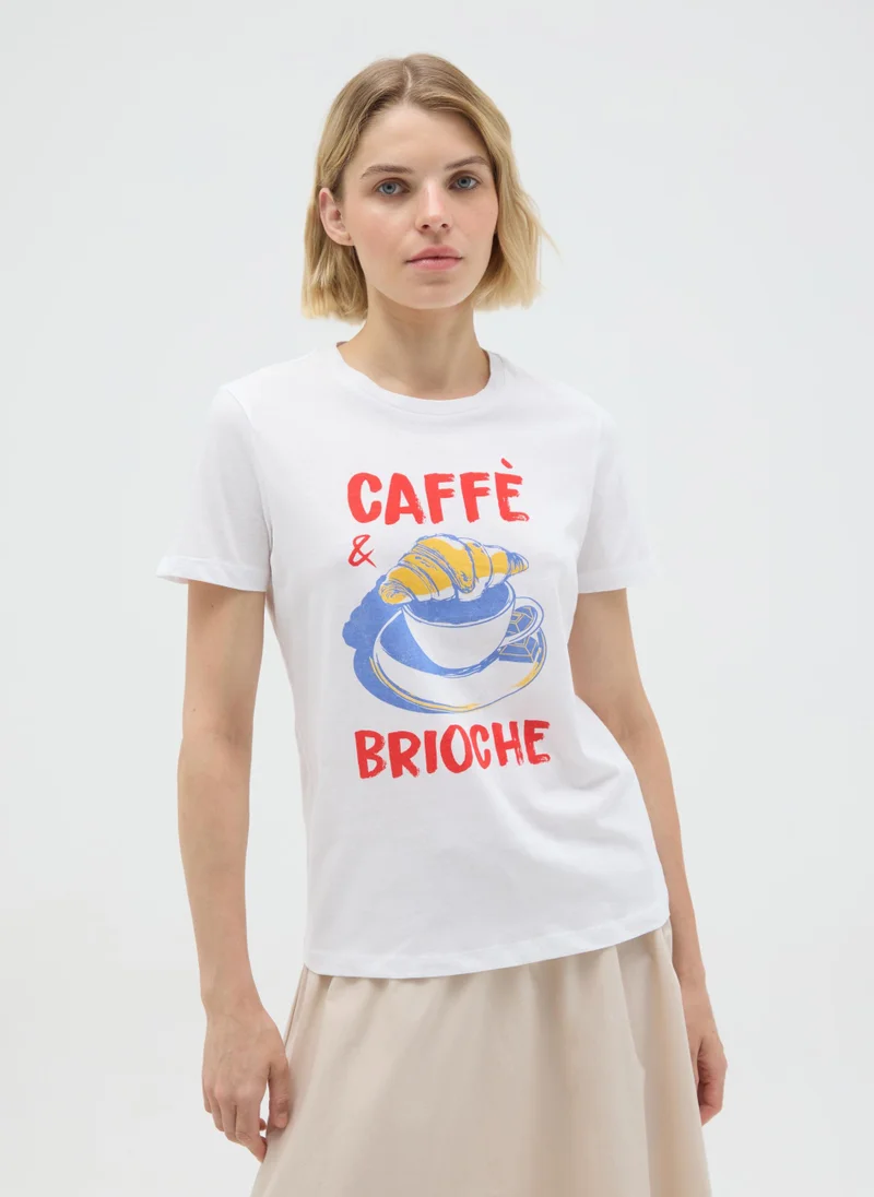او في اس WHITE PURE COTTON T-SHIRT, REGULAR FIT
